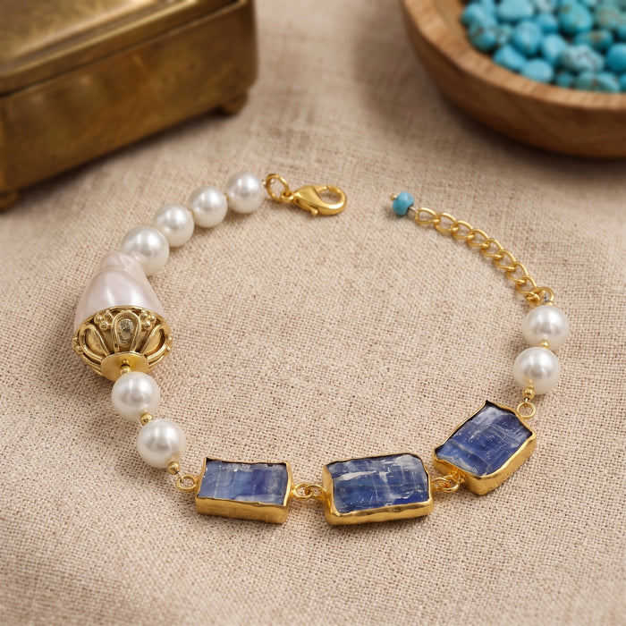 Kyanite & Pearl Gold-Plated Statement Bracelet