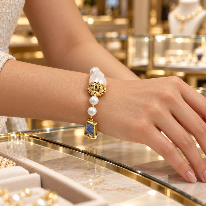 Kyanite & Pearl Gold-Plated Statement Bracelet
