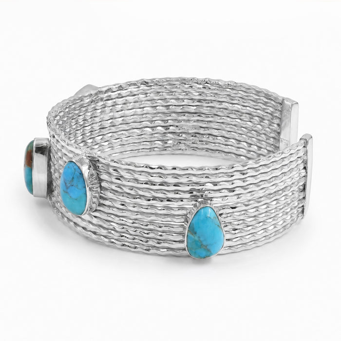 Natural Blue Turquoise Cuff Bracelet in Silver Plated Finish with Five Freeform Gemstones