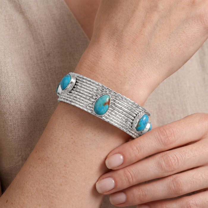 Natural Blue Turquoise Cuff Bracelet in Silver Plated Finish with Five Freeform Gemstones
