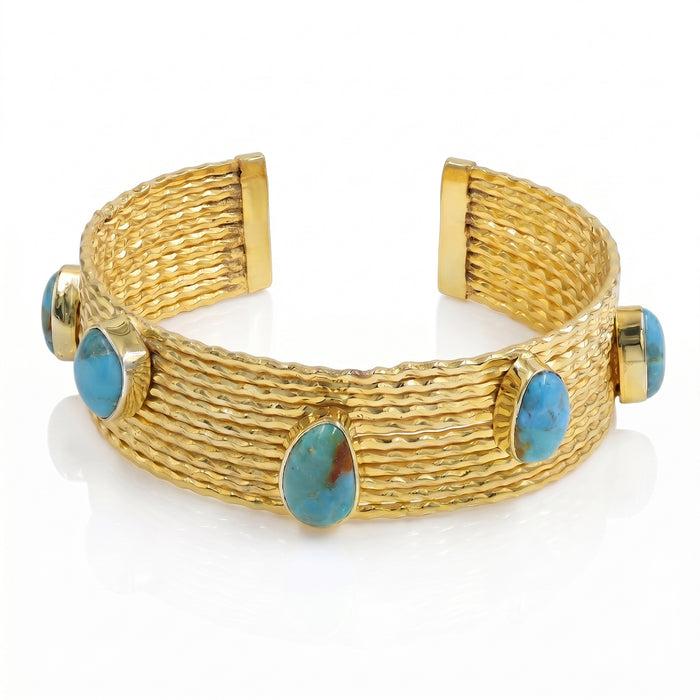 Natural Blue Turquoise Cuff Bracelet in 18K Gold Plated Finish with Five Freeform Gemstones