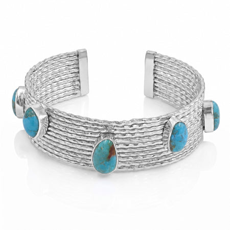 Natural Blue Turquoise Cuff Bracelet in Silver Plated Finish with Five Freeform Gemstones