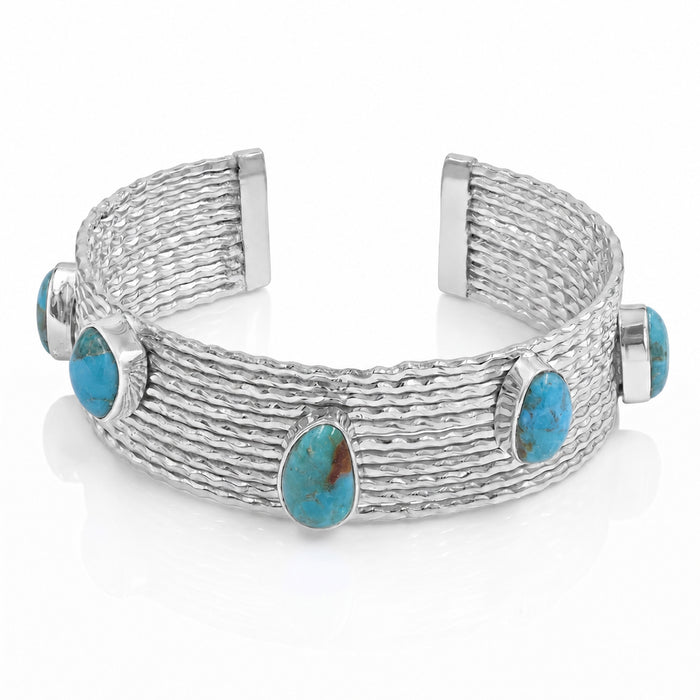 Natural Blue Turquoise Cuff Bracelet in Silver Plated Finish with Five Freeform Gemstones