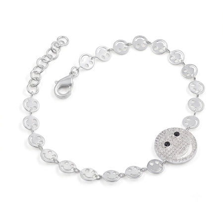 Silver bracelet with smiley face charm on a white background