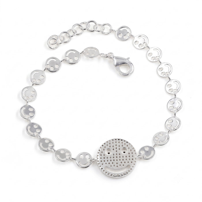 Silver bracelet with round pendants on a white background