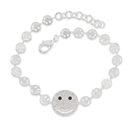 Silver bracelet with smiley face charm on a white background