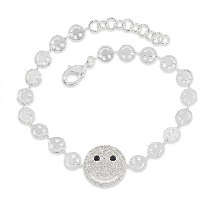 Silver bracelet with smiley face charm on a white background