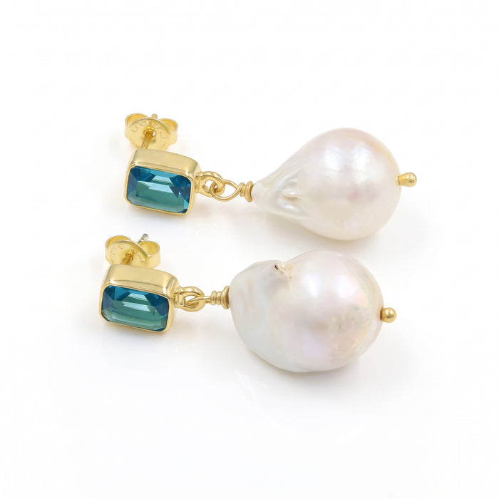 Natural Freshwater Pearl & Blue Topaz Earring For Women | 18K Gold Plated