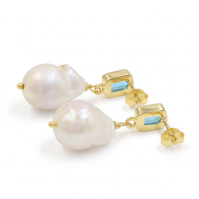 Natural Freshwater Pearl & Blue Topaz Earring For Women | 18K Gold Plated