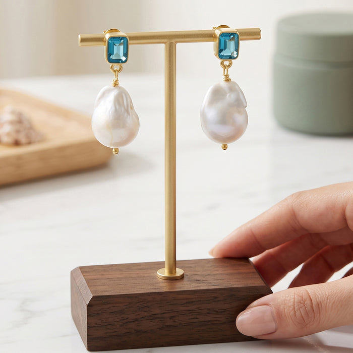 Natural Freshwater Pearl & Blue Topaz Earring For Women | 18K Gold Plated