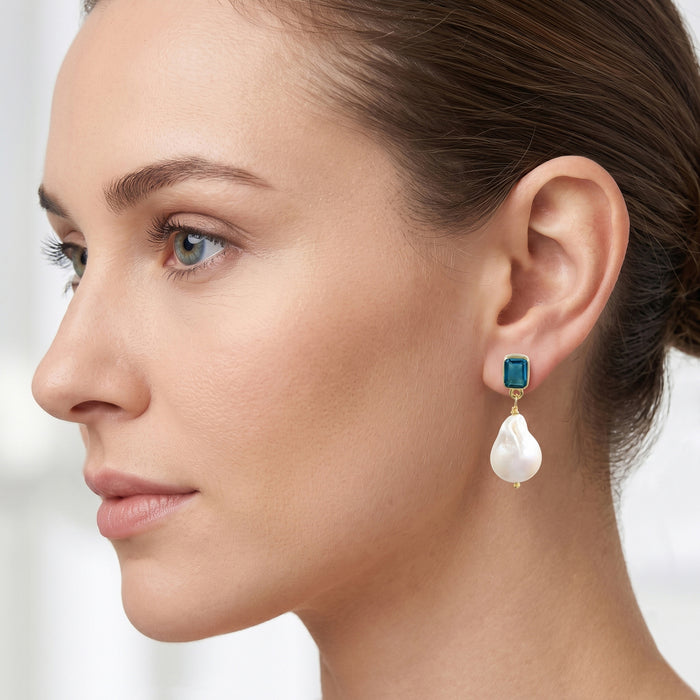 Natural Freshwater Pearl & Blue Topaz Earring For Women | 18K Gold Plated
