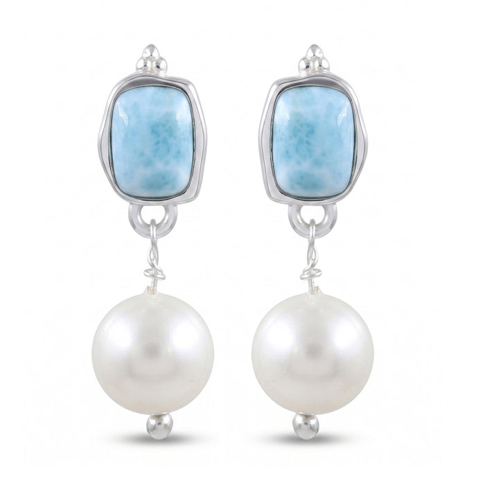Natural Larimar & Freshwater Pearl Drop Earrings For Women