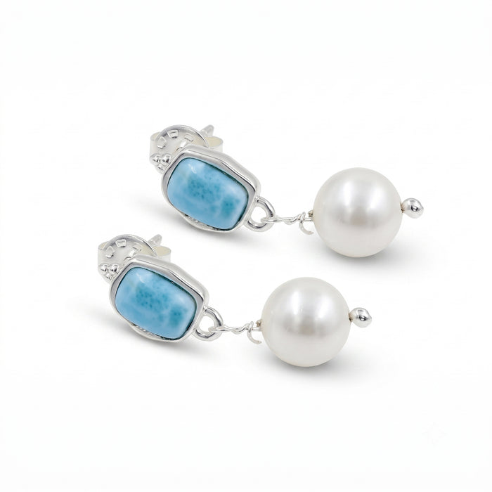 Natural Larimar & Freshwater Pearl Drop Earrings For Women