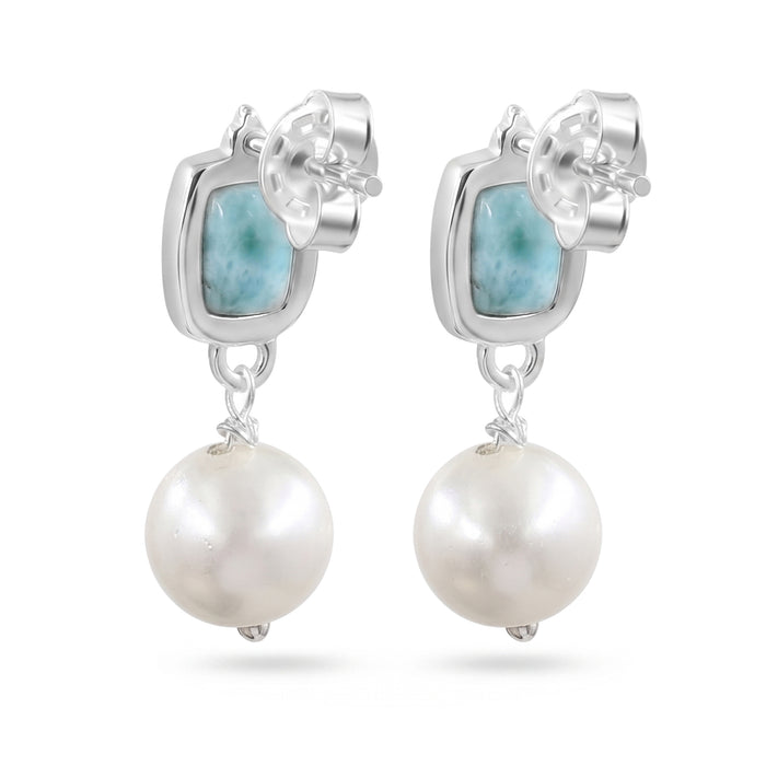 Natural Larimar & Freshwater Pearl Drop Earrings For Women