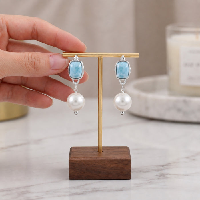 Natural Larimar & Freshwater Pearl Drop Earrings For Women