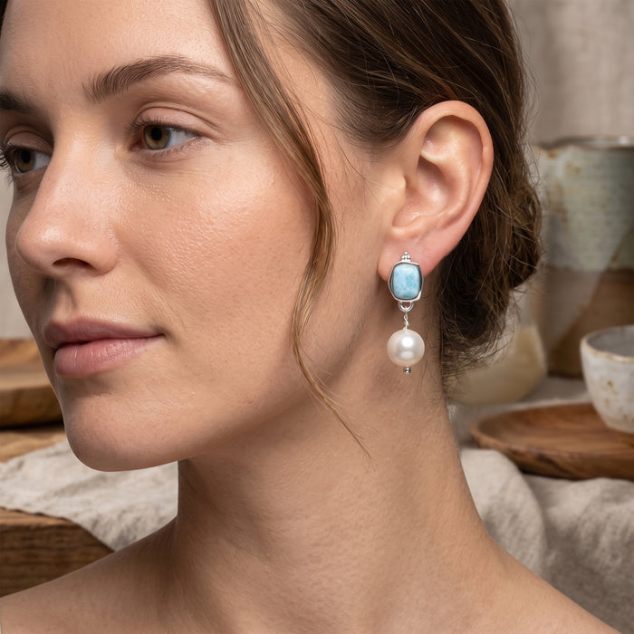 Natural Larimar & Freshwater Pearl Drop Earrings For Women