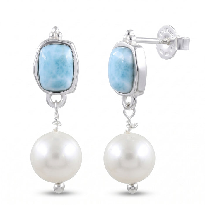 Natural Larimar & Freshwater Pearl Drop Earrings For Women