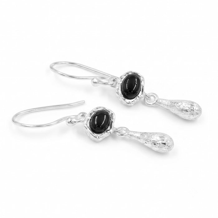 Natural Black Onyx Oval Drop Earrings – Silver Plated