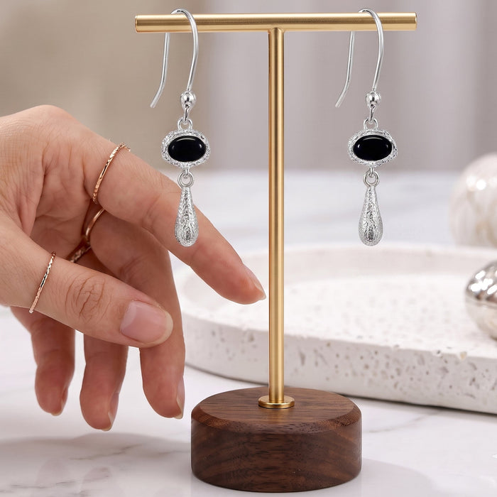 Natural Black Onyx Oval Drop Earrings – Silver Plated