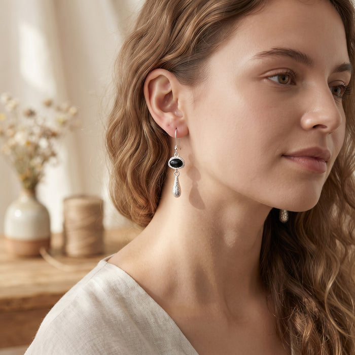 Natural Black Onyx Oval Drop Earrings – Silver Plated