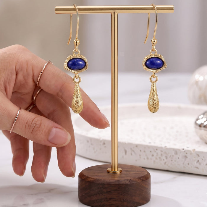 Natural Lapis Lazuli Oval Drop Earrings – 18K Gold Plated