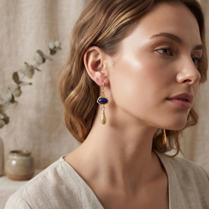 Natural Lapis Lazuli Oval Drop Earrings – 18K Gold Plated