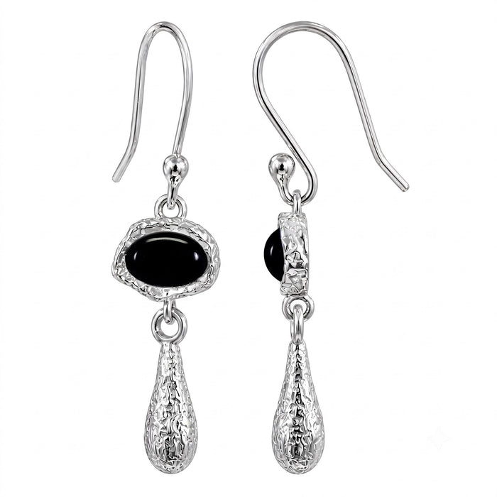 Natural Black Onyx Oval Drop Earrings – Silver Plated