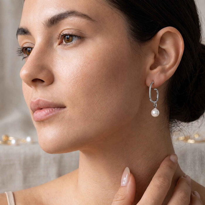 Natural Freshwater Pearl Open Hoop Dangle Earrings – 18K Gold & Silver Plated