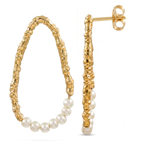 Freshwater pearl open hoop earrings in 18K gold plated and silver plated finish featuring fourteen round pearls and an organic open design