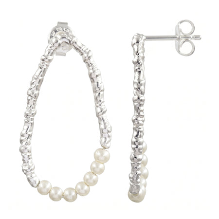 Freshwater pearl open hoop earrings in 18K gold plated and silver plated finish featuring fourteen round pearls and an organic open design