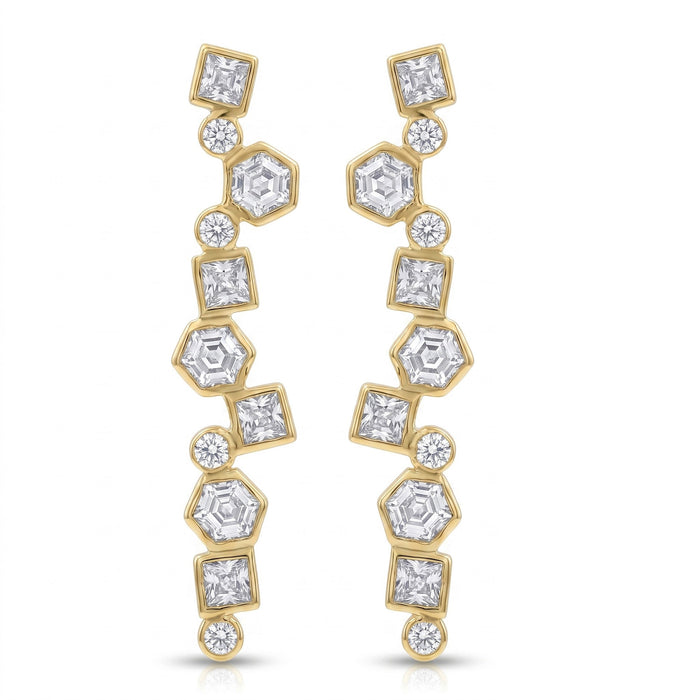 Swarovski crystal geometric statement earrings in 18K gold plated finish with hexagon, square, and round crystal accents.