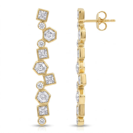 Swarovski crystal geometric statement earrings in 18K gold plated finish with hexagon, square, and round crystal accents.