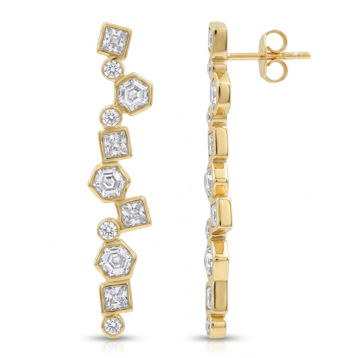 Swarovski crystal geometric statement earrings in 18K gold plated finish with hexagon, square, and round crystal accents.