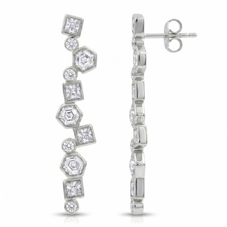 Swarovski crystal geometric statement earrings in silver plated finish with hexagon, square, and round crystal accents.