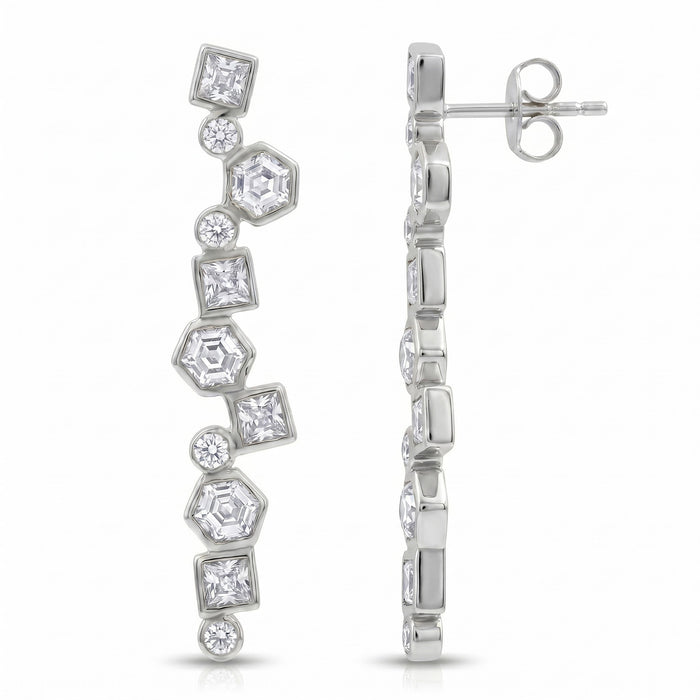 Swarovski crystal geometric statement earrings in silver plated finish with hexagon, square, and round crystal accents.