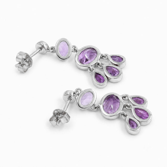 Natural amethyst multi stone drop earrings in 18K gold plated and silver plated finishes with oval, pear and round gemstones