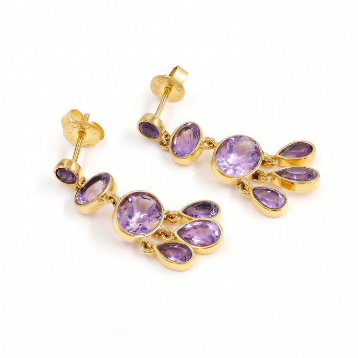 Natural amethyst multi stone drop earrings in 18K gold plated and silver plated finishes with oval, pear and round gemstones