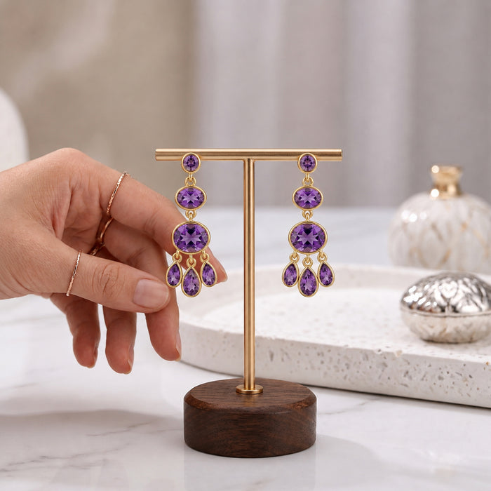 Natural amethyst multi stone drop earrings in 18K gold plated and silver plated finishes with oval, pear and round gemstones