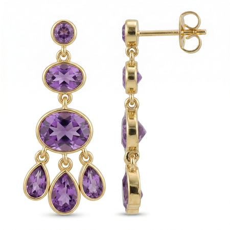 Natural amethyst multi stone drop earrings in 18K gold plated and silver plated finishes with oval, pear and round gemstones