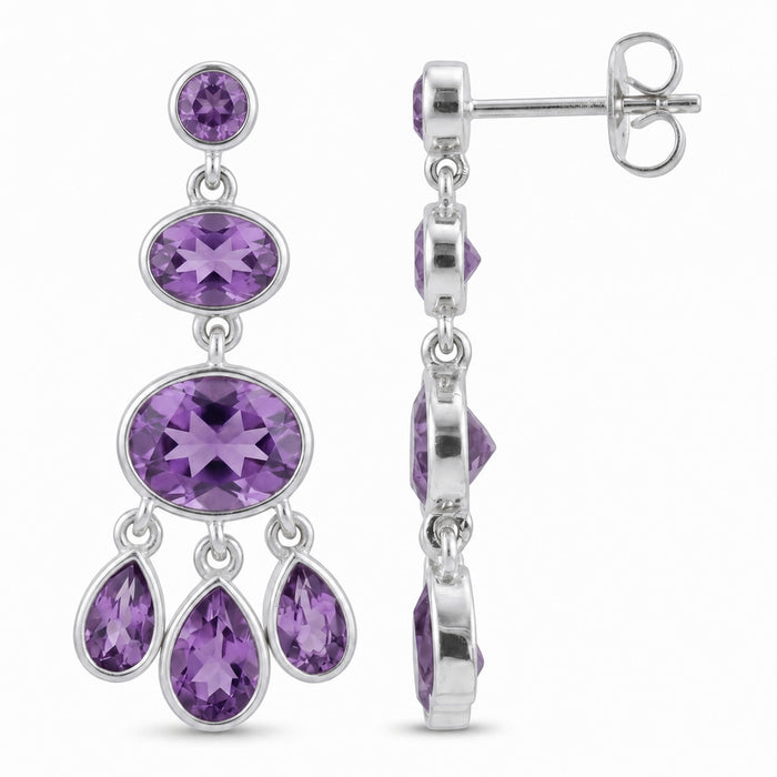 Natural amethyst multi stone drop earrings in 18K gold plated and silver plated finishes with oval, pear and round gemstones