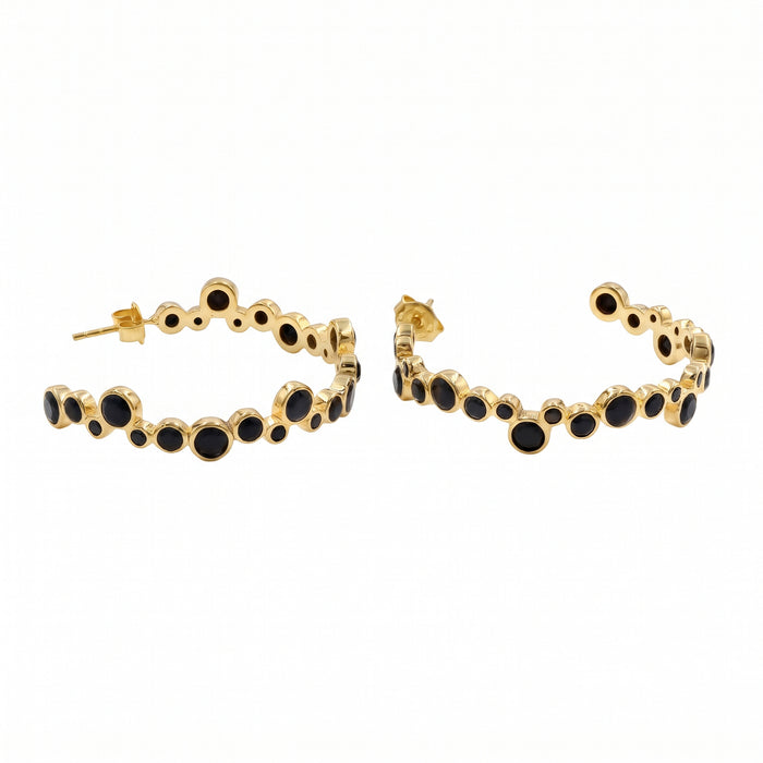 Black Onyx Open Bubble Hoop 18k Gold Plated Earrings