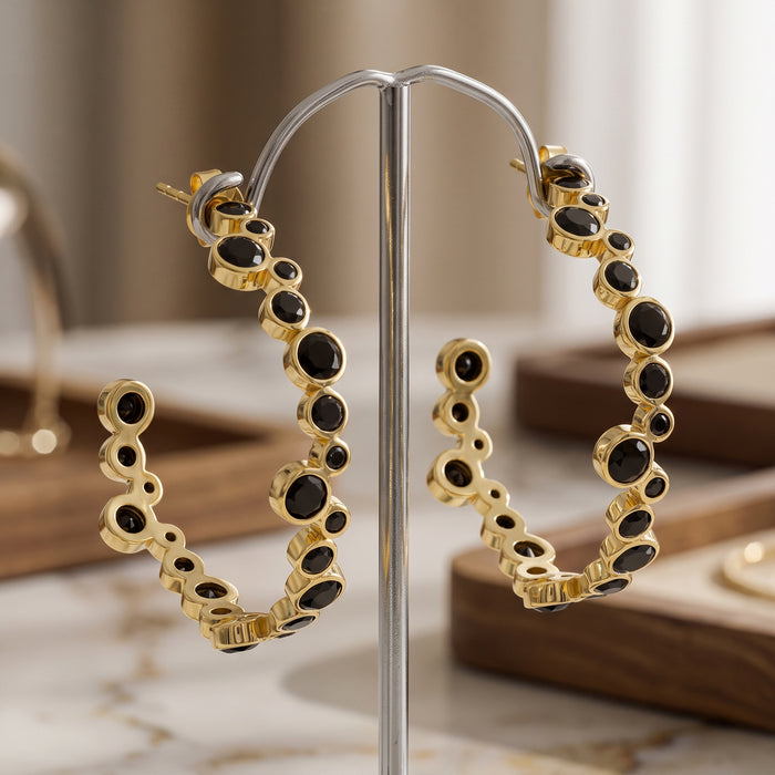 Black Onyx Open Bubble Hoop 18k Gold Plated Earrings
