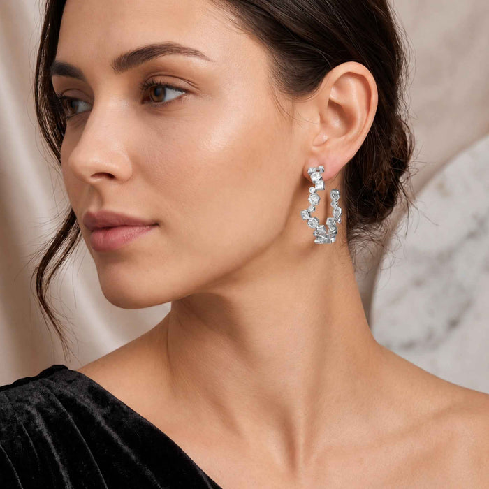 Geometric Swarovski Crystal Open Hoop Earrings – 18K Gold & Silver Plated