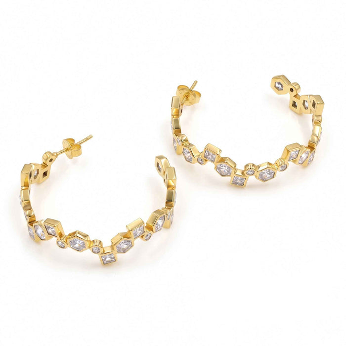 Geometric Swarovski Crystal Open Hoop Earrings – 18K Gold & Silver Plated