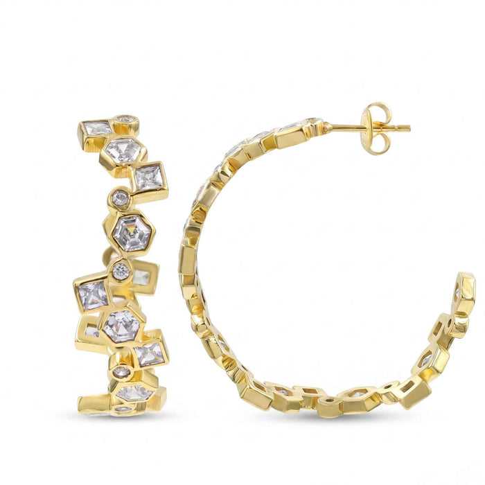 Geometric Swarovski Crystal Open Hoop Earrings – 18K Gold & Silver Plated