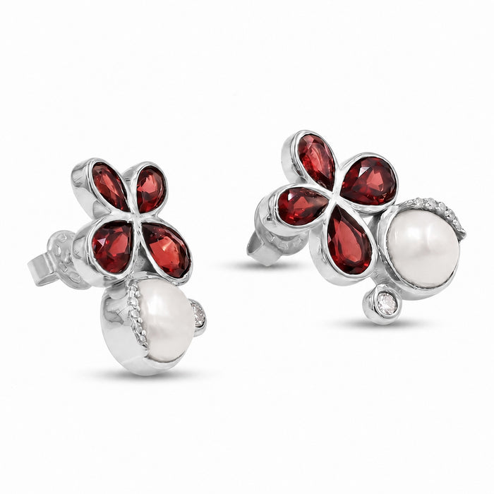 Natural Garnet and Pearl Floral Stud Earrings with Swarovski Crystals | Silver Plated