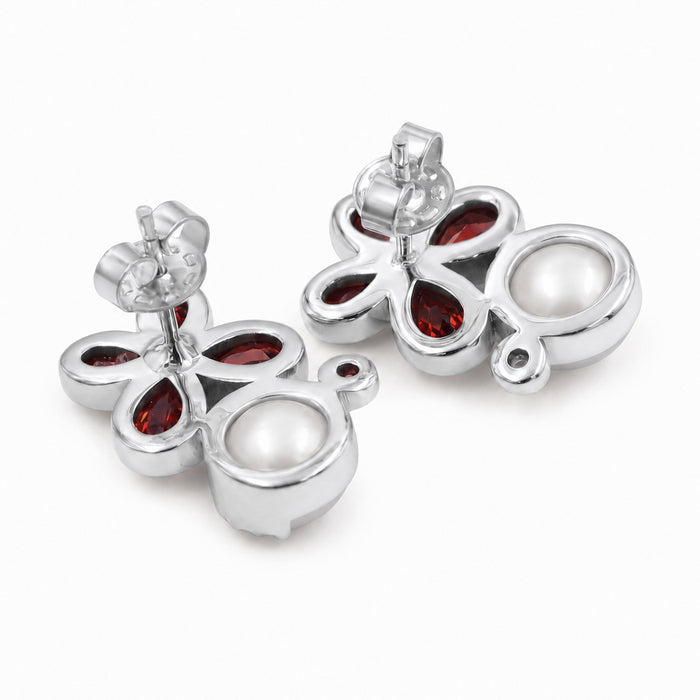 Natural Garnet and Pearl Floral Stud Earrings with Swarovski Crystals | Silver Plated
