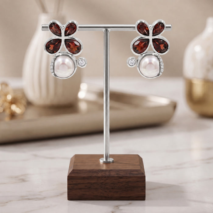 Natural Garnet and Pearl Floral Stud Earrings with Swarovski Crystals | Silver Plated