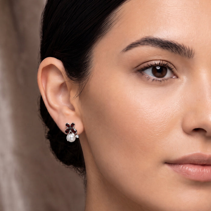 Natural Garnet and Pearl Floral Stud Earrings with Swarovski Crystals | Silver Plated