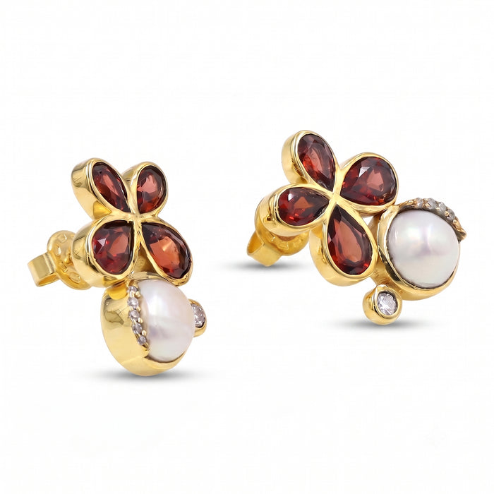 18K Gold Plated Natural Garnet and Pearl Floral Stud Earrings with Swarovski Crystals